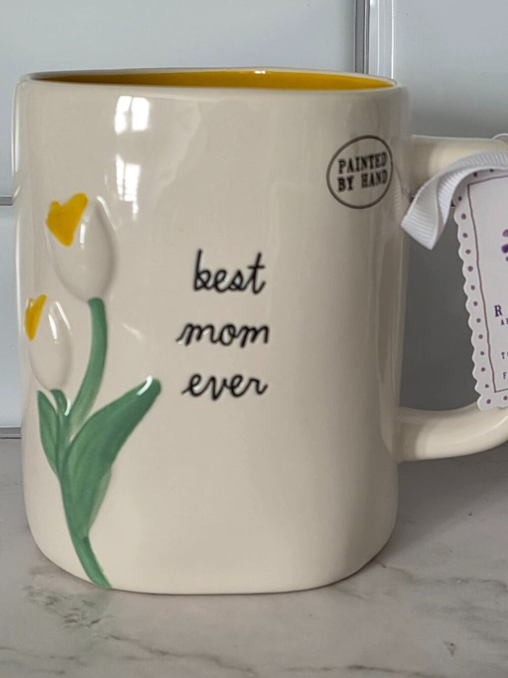 Rae Dunn "best mom ever"  Mug w/Yellow Interior and Yellow Heart Tulips - NWT